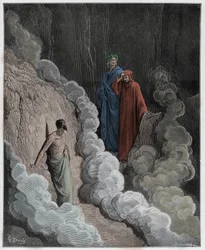 Purgatorio, Gesang 16: Dante spricht mit der Seele von Marco Lombardo, Illustration aus Die Göttliche Komödie von Dante Alighieri, 1885 (digital kolorierte Gravur)